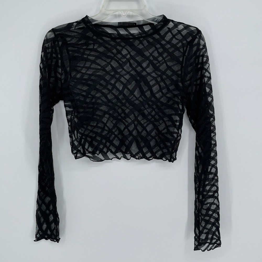 G Mini Women's Black Sheer Mesh Abstract Print Long Sleeve‎ Crop Top Size XS-S